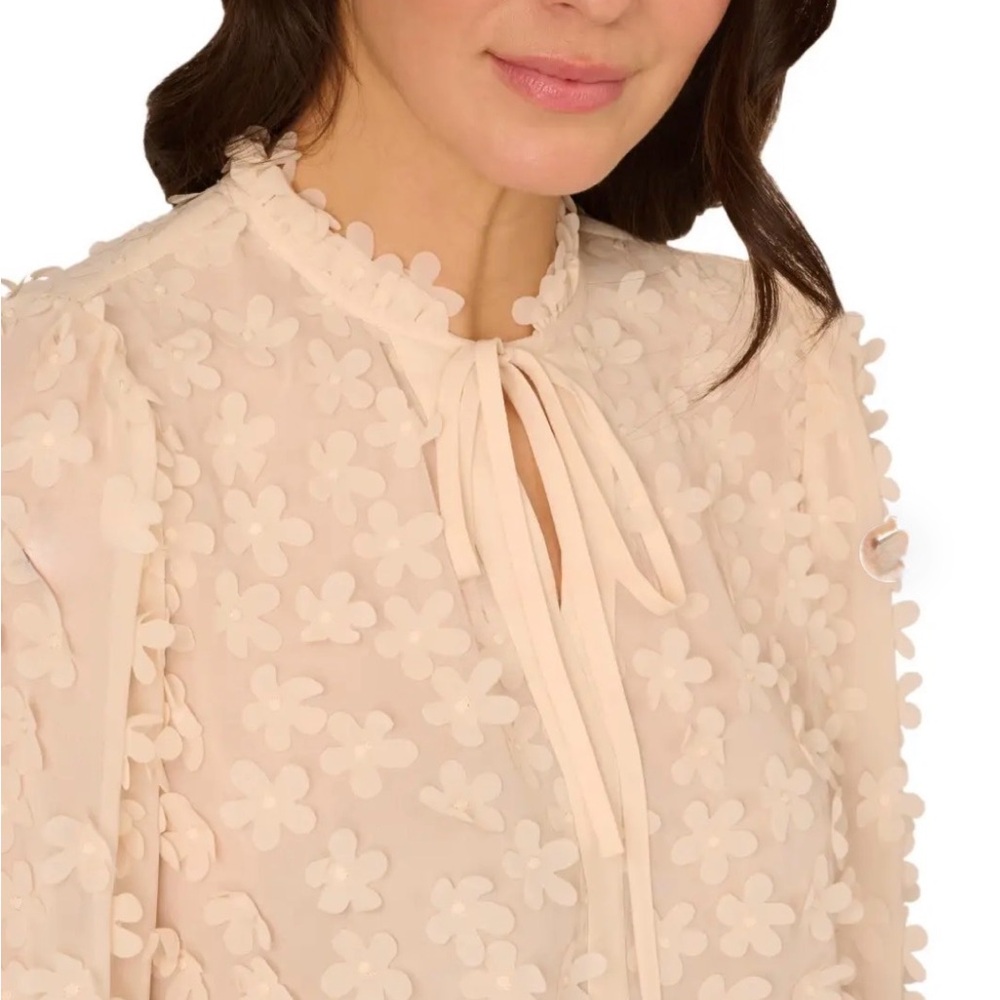 Adrianna Papell 3D Flower Tie Neck Sheer Blouse M Vanilla - Picture 2 of 9